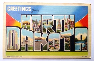 Greetings From North Dakota Large Big Letter Linen Postcard Curt Teich Unused