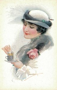 Artist Signed Usabo Lady Drinking Coffee 04.42