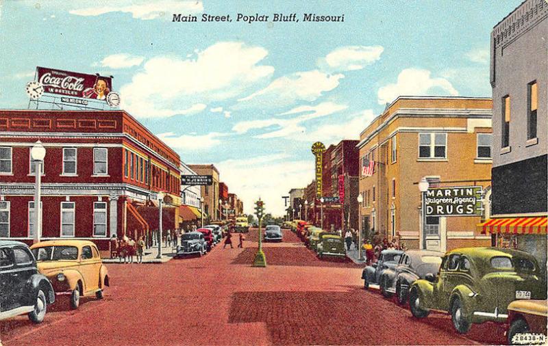 Poplar Bluff MO Street View Coca-Cola Billboard Store Fronts Old Cars Postcard