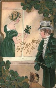 St Patrick's Day Romance Pretty Girl Man with Dog c1910 Vintage Postcard