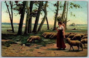 Vtg Art In the Country Artist Lerolle Painting Shepherdess Sheep Flock Postcard