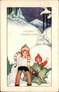 Whitney Christmas Children Getting Christmas Tree c1920 Vintage Postcard