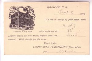 Edward, Canada Postal Stationery Postcard, Used 1909 Nova Scotia Chronicle