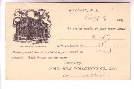 Edward, Canada Postal Stationery Postcard, Used 1909 Nova Scotia Chronicle