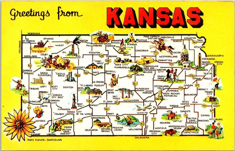 Greetings Banner Kansas State Map Cities Sunflower State DB Postcard  United States - Kansas 