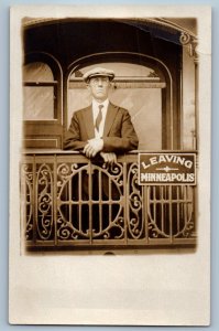 c1930's Man On Train Leaving Minneapolis MN Props Studio RPPC Photo Postcard