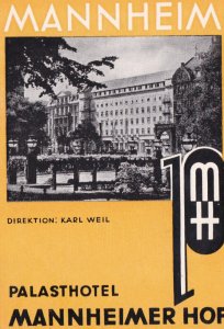 Germany Mannheim Hotel Mannheimer Hof Vintage Luggage Label sk2833