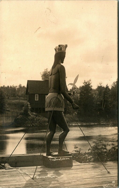 RPPC Carved Dam Indian Statue Holcombe Wisconsin WI UNP 1904-18 Postcard C9