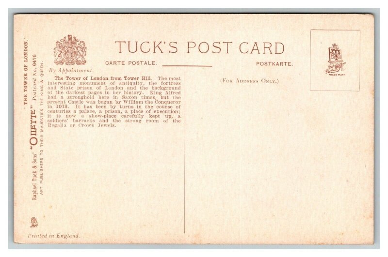 Vintage 1910's Tuck's Postcard - The Tower of London from Tower Hill