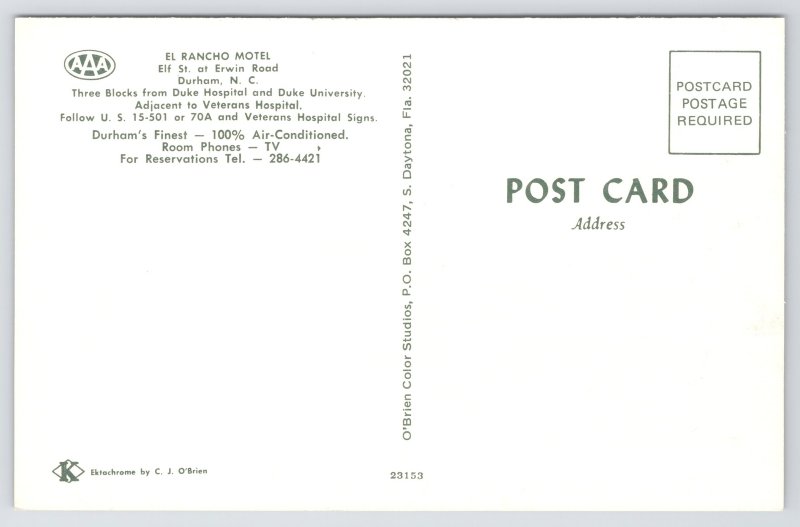 Roadside~El Rancho Motel Durham NC~Fire Hydrant~Nr Duke~Vintage Postcard