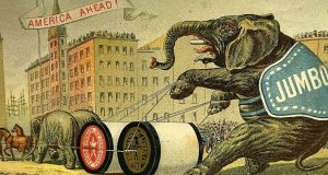 1880-1890s Trade Card Willimantic Thread Jumbo Elephant 'America Ahead!'