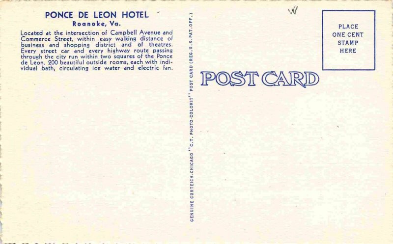 Ponce de Leon Hotel Roanoke Virginia linen postcard