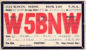 W5BNW Jackson, Mississippi, USA QSL Non Postcard Backing 