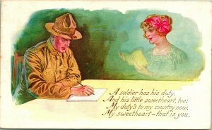 1919 WWI Soldier Writing Home A Soldier Has His Duty Poem Romance Sweetheart