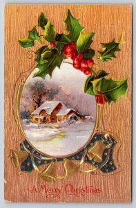 Holiday~Merry Christmas~Winter House & Waterwheel~Gold Bells~Holly~1911 Postcard
