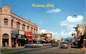Business District on U.S. Hwy 99 in Redding CA Rexall Vintage Postcard U54