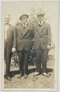RPPC Three Men in Garden Suit Tie Real Photo Postcard W7
