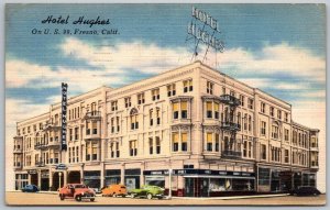 Fresno California 1952 Postcard Hotel Hughes Cars Street View