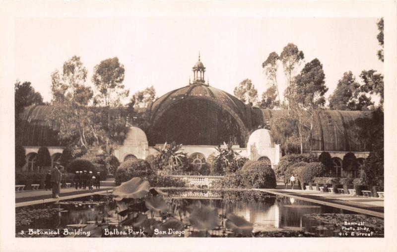 SAN DIEGO CA~BALBOA PARK BOTANICAL BUILDING~BUNNELL #3 REAL PHOTO POSTCARD 1930s