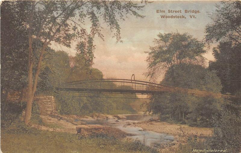 Woodstock Vermont 1920 Postcard Elm Street Bridge Hand Colored