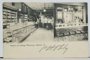 Oberlin OH Interior of College Pharmacy c1913 to Empire Mfg Lockport Postcard M6