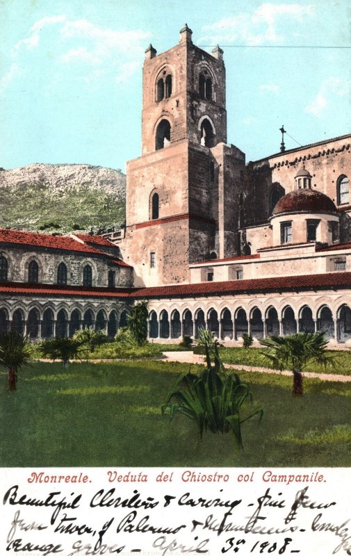 VINTAGE POSTCARD MONREALE ITALY VIEW OF COURTYARD AT PALERMO SICILY MAILED 1908