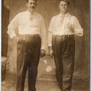 c1910s Gentleman Portrait Dress Clothes RPPC Men Suspender Curly High Pants A282