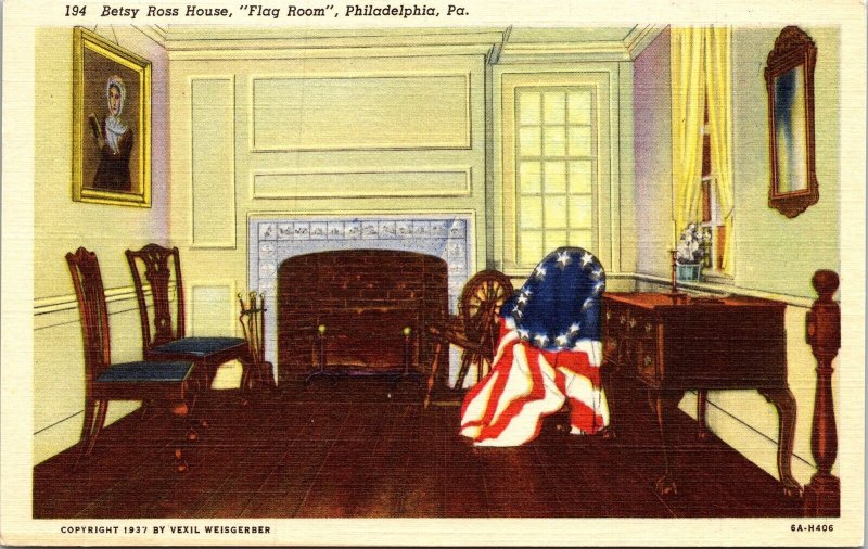 Betsy Ross House Flag Room Philadelphia PA 239 Arch St Fireplace Linen Postcard  