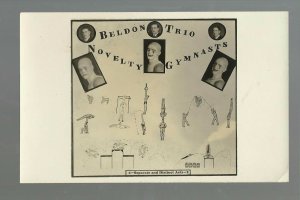 RPPC c1920 CIRCUS Vaudeville BELDON TRIO Novelty GYMNASTS Acrobats CLOWNS