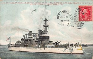 BATTLESHIP MASSACHUSETTS MILITARY SHIP NEW YORK TO PERU POSTCARD EXCHANGE 1913