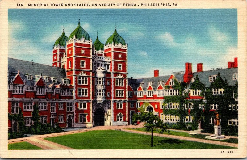 Vtg University of Pennsylvania Memorial Tower & Statue Philadelphia PA Postcard