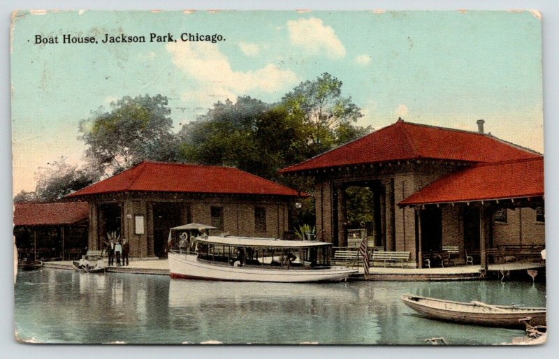 Chicago Illinois~Jackson Park Boat House~Boats in Water~Men on Shore~1912 