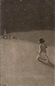 Little Angel with Christmas Tree, Village at Night, Xmas, WWI Germany 1915