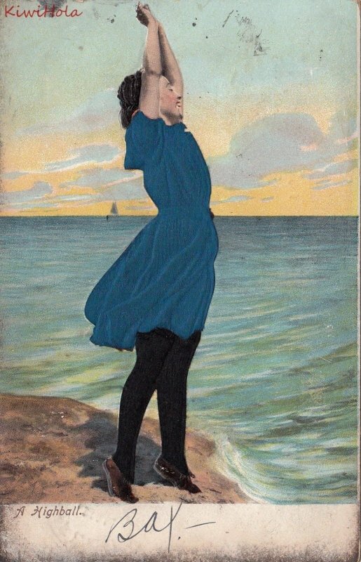 Postcard Silk Woman Blue Dress Beach Scene A Highball 1906