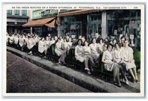 c1940s On The Green Benches On A Sunny Afternoon St. Petersburg Florida Postcard