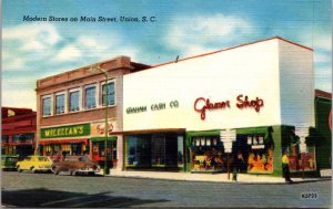 Linen Postcard Modern Stores on Main Street in Union, South Carolina