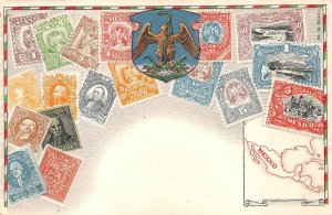 STAMP ART MAP MEXICO NETHERLANDS TO GERMANY EMBOSSED POSTCARD 1914