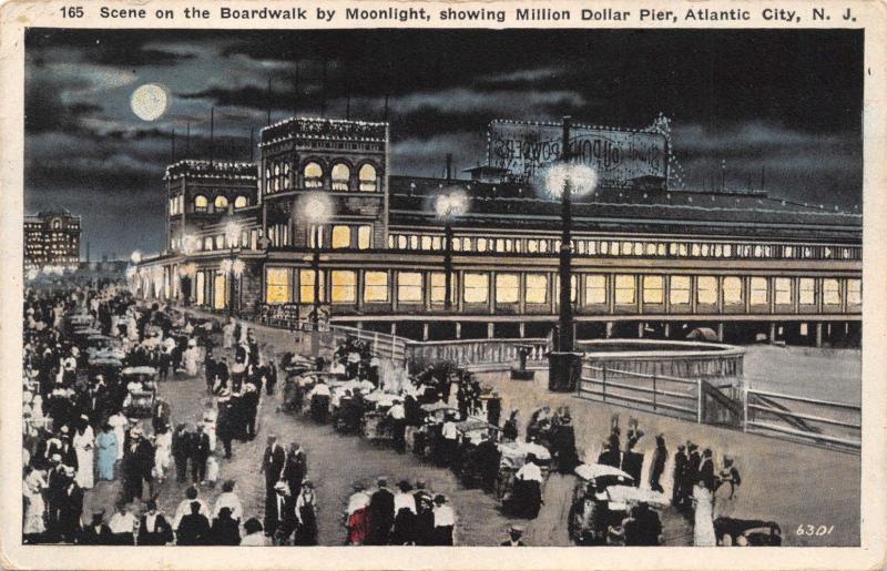 ATLANTIC CITY NJ~BOARDWALK BY MOONLIGHT-MILLION DOLLAR PIER-SANDER POSTCARD 1919