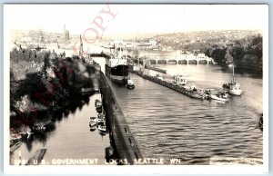 c1940s Seattle, WA RPPC US Government Locks Tug Ship Real Photo Postcard A100