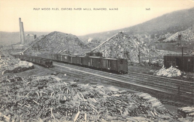 Pulp Wood Piles Oxford Paper Mills Rumford Maine Train Cars Photolux Postcard