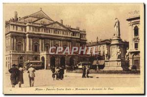 Old Postcard Milano Scala Teatra Facciata e Monumento a Leonardo da Vinci