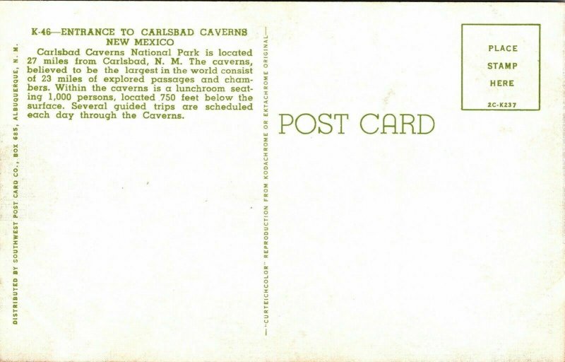 Entrance Carlsbad Caverns New Mexico NM Aerial View Postcard Curteich VTG UNP 