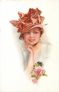 USABAL-SMILING WOMAN WEARING BOW HAT-GREEN EARRINGS-ROSE-...