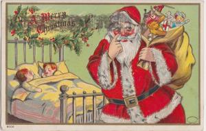 SANTA CLAUS Postcard MERRY CHRISTMAS 1908 SLEEPING KIDS Finger on NOSE S206