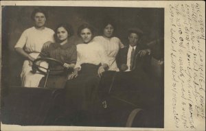 Family Studio Portrait Prop Car Young Woman Driver Real Photo Vintage Postcard