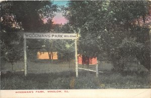F56/ Winslow Illinois Postcard 1908 Woodman's Park Entrance Gate