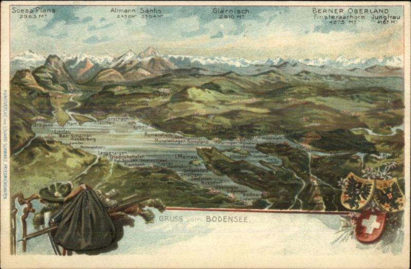 Gruss vom Bodensee Aerial View Map Switzerland c1910 Postcard