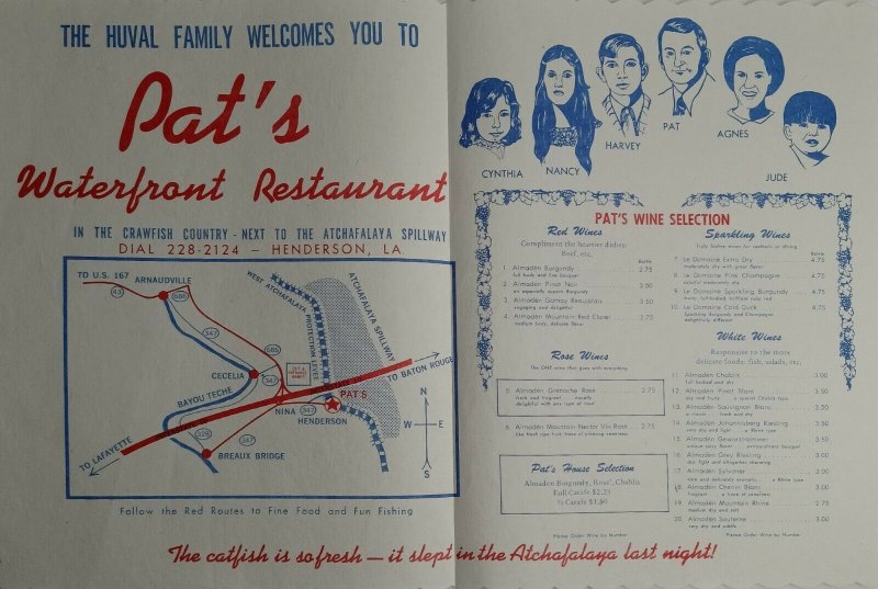 Vintage Restaurant Menu Pats Waterfront Henderson, Louisiana 50s-60s