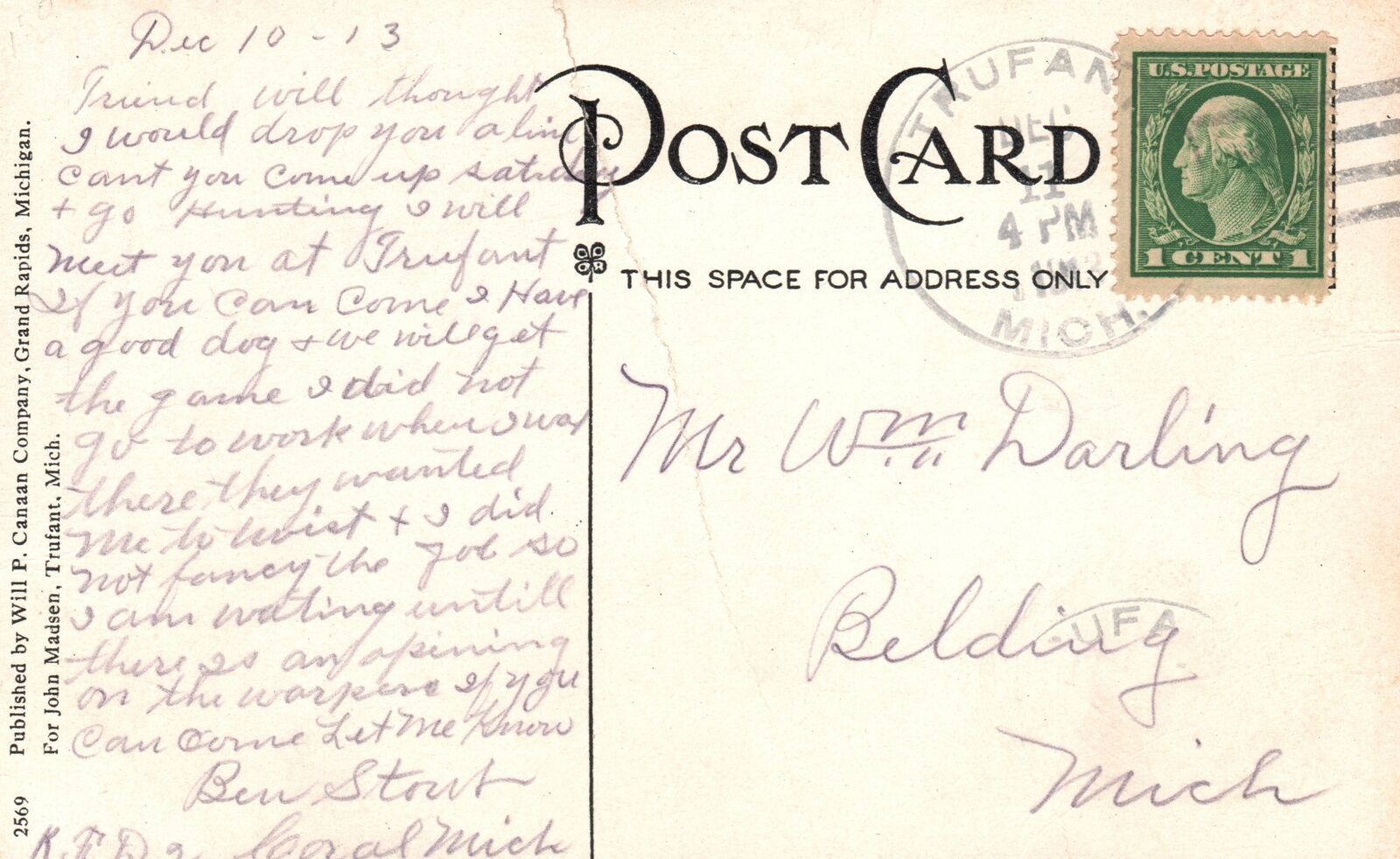 Vintage Postcard 1912 View of Trufant Lake Michigan MI United States