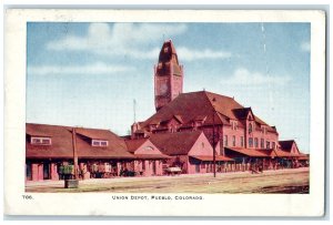1909 Union Depot Building Clock Tower Railroad Wagon Pueblo Colorado CO Postcard